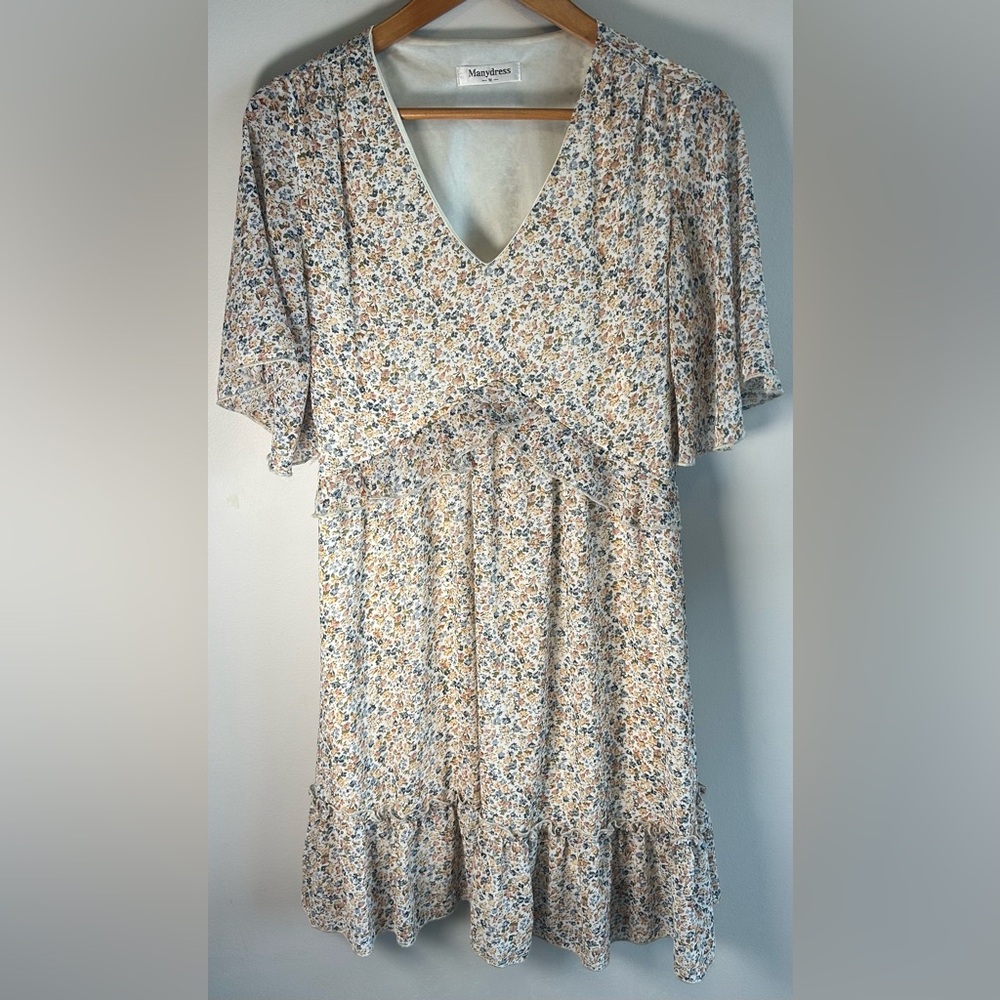Manydress Women's Floral Print V Neck Casual Mini Boho Ruffle Swing Dress Size M